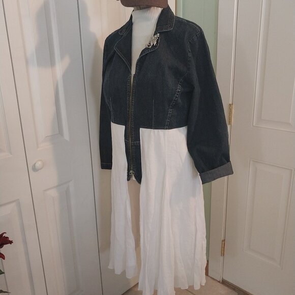 Handmade Jackets & Blazers - 3286 Size Large Jean Tunic Jacket with White Bottom Accent and Lace Accent Back.